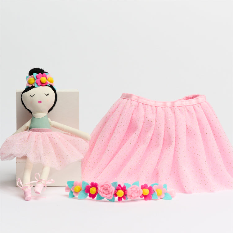 Tutu Set With Flowers Headband And Doll 10" - One Size